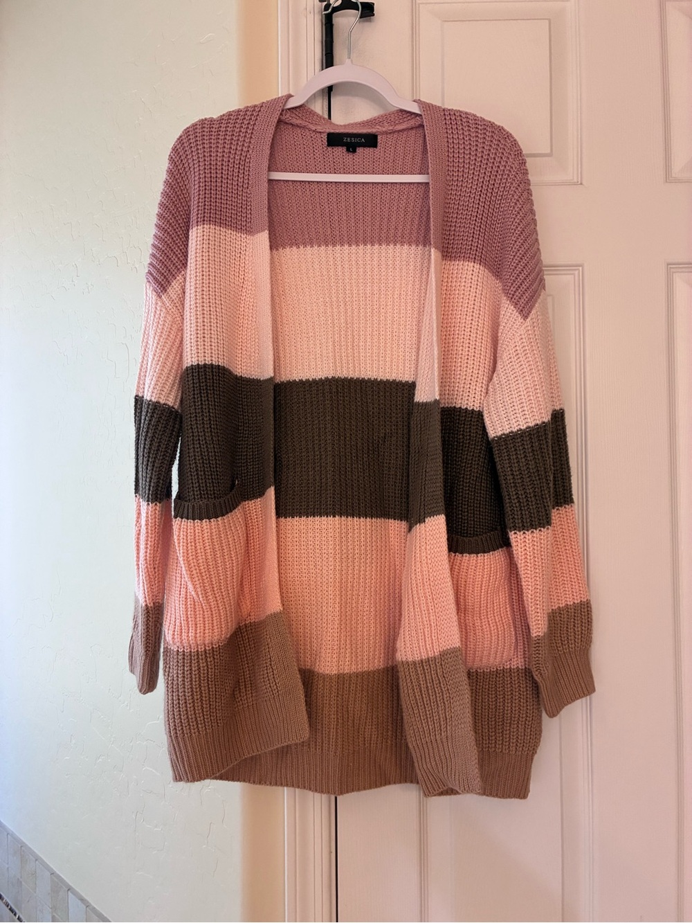 Unique vintage Zesica Pink & Brown Striped Open Cardigan Sweater